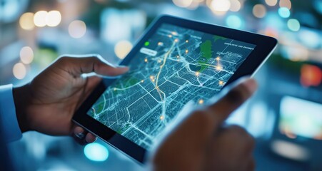 Digital map application displayed on tablet device in hand showing city street network and navigation information against a blurred night cityscape background with bright lights and bokeh effects