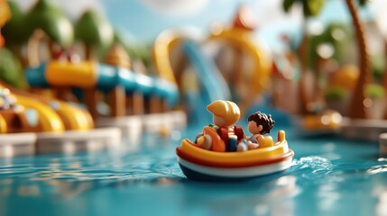 A detailed portrayal of a miniature water ride with people aboard, experiencing the thrill and excitement of an amusement park, surrounded by bright features.