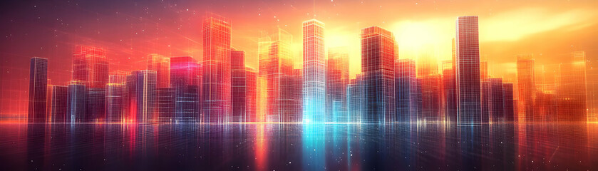 Fototapeta premium Futuristic Cityscape with Glowing Lines Reflecting in Water at Sunset