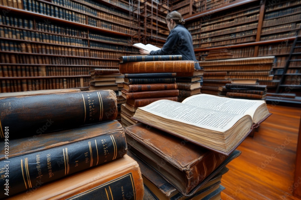 Poster a hyper-realistic painting of a modern student studying in a library filled with ancient books and m