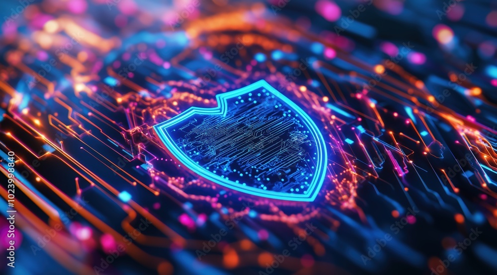 Poster glowing cybersecurity shield on neon technological background digital protection and safety concept 