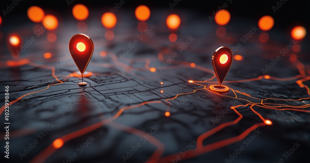 Poster glowing digital map with navigation markers and luminous pathways in a futuristic otherworldly night