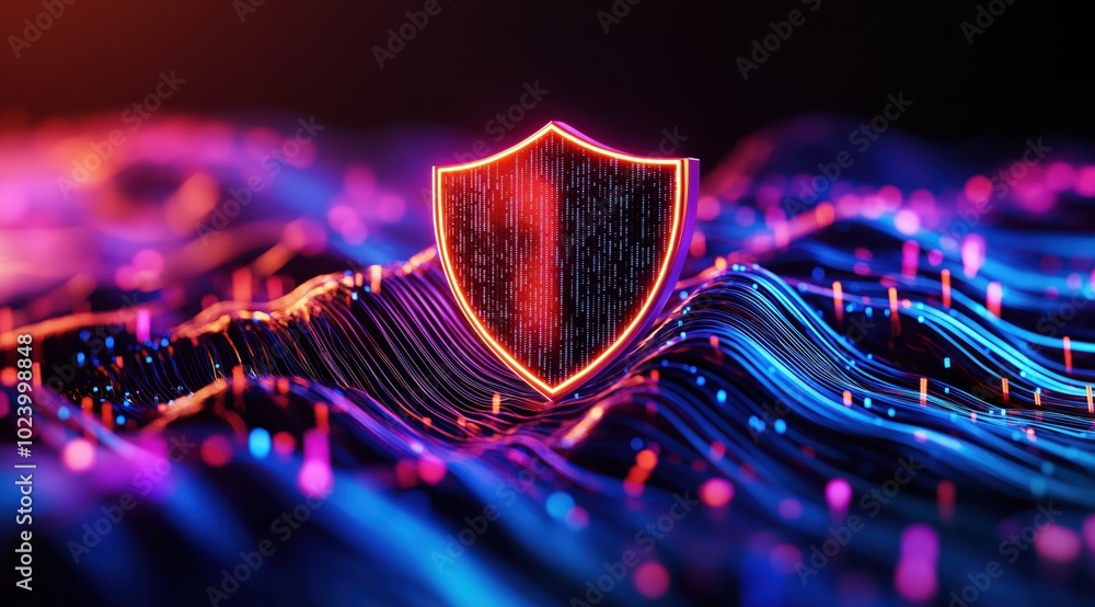 Poster glowing digital shield icon against a backdrop of dynamic neon lines and vibrant color patterns symb