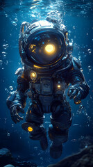 Fototapeta premium Detailed Underwater Robot Suit Explores the Deep Sea with Advanced Technology