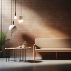 Modern simple room interior design with wooden bench, lamp and stylish furniture over concrete wall