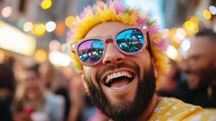 A bearded man, adorned with a vibrant flower crown and glittering sunglasses, radiates joy as he partakes in lively festivities amid a crowd and colorful lights.