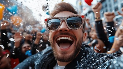 A jubilant man, glitter coating his sunglasses, joyfully basks in the excitement of a lively event as a flurry of confetti cascades around him in celebration.