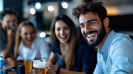 A group of friends enjoying drinks and laughter in a lively bar setting. Cheerful atmosphere and genuine camaraderie capture the essence of social bonding.
