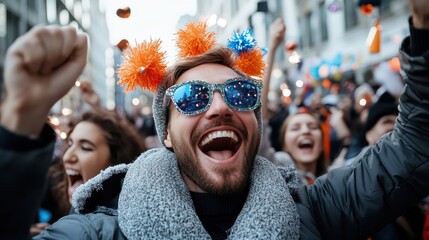 An exuberant man with orange pom-poms on his hat, wearing colorful sunglasses, joins a cheerful crowd celebrating with enthusiasm on a bustling street.