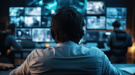 Professional analyzing data driven insights and strategic information on a futuristic digital workstation with multiple screens and advanced technology