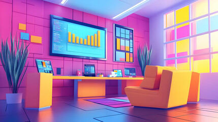 Vibrant 3D Home Office with Graphs, Charts, and a Modern Yellow Chair