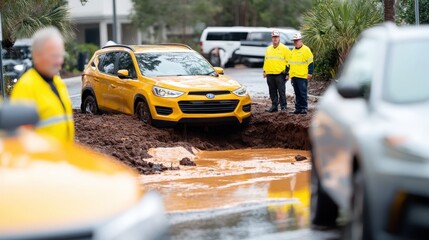 A yellow car is partially submerged in muddy water on a city street, with two workers in yellow jackets assessing the situation amidst a messy flood scene.