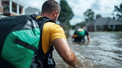 Two rescue workers wearing yellow attire with green backpacks navigate through floodwaters, exemplifying their steadfast commitment to saving lives during crises.