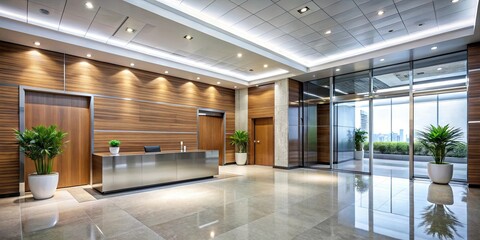 Modern Lobby with Polished Floors, a Stainless Steel Reception Desk, and Floor-to-Ceiling Windows Providing a Glimpse of the City Skyline