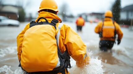A group of emergency workers in orange suits and helmets wade through high floodwaters, emphasizing resilience and bravery in the face of challenging situations.