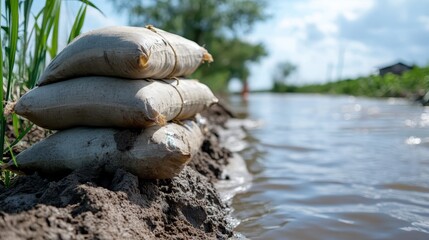 A clear and sunny day illuminates the sandbags being used to create a protective barrier along a river’s edge, a proactive measure against potential flood risks.