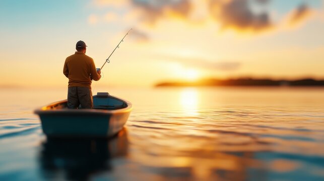 A solitary man stands fishing on a tranquil lake, surrounded by the warm hues of a picturesque sunset, capturing a moment of peace and solitude.