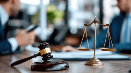 Two professionals engage in a legal discussion with a gavel and scales prominently displayed on the desk, representing justice and collaboration in an office setting.