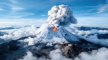 A dramatic scene unfolds as a snow-capped volcano erupts, releasing a vibrant plume of smoke and ash into a vast sky, surrounded by lush terrain and distant mountain ranges.