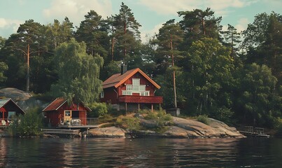 Obraz premium View on red holiday cabin by a lake in Stockholm archipelago of the lake in Finland.
