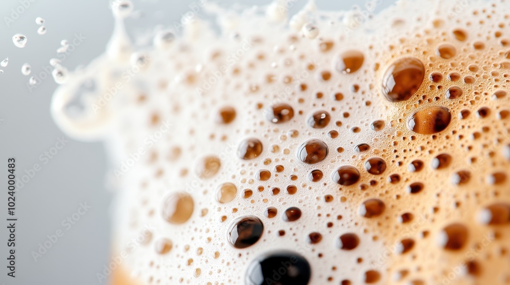 Poster an artistic close-up shot of frothy beer foam with intricate bubbles, capturing the texture and esse