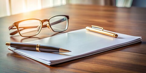 Fototapeta premium A blank notebook awaits on a wooden surface, accompanied by a pair of eyeglasses and two pens, ready to capture thoughts and ideas.