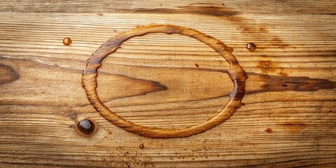 A circular brown stain on a wood surface, a testament to a moment of carelessness or a pause in time.