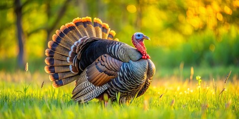A Wild Turkey Stands Proudly Amidst Golden Grass, Its Feathered Tail Fanning Out Like a Sunbeam, a Vivid Reminder of Nature's Beauty