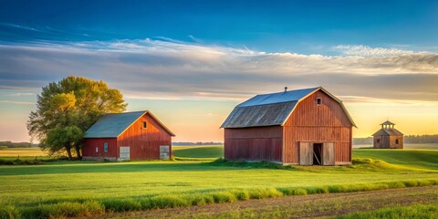 Red barns stand tall on a field of green, bathed in the golden glow of the setting sun, with a lone tree casting a shadow in the foreground.