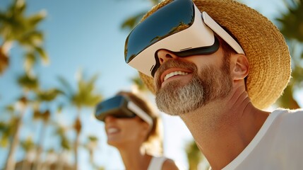 Two individuals, wearing straw hats and VR headsets, smile under a clear sky surrounded by palms, blending vacation vibes with immersive virtual experiences.