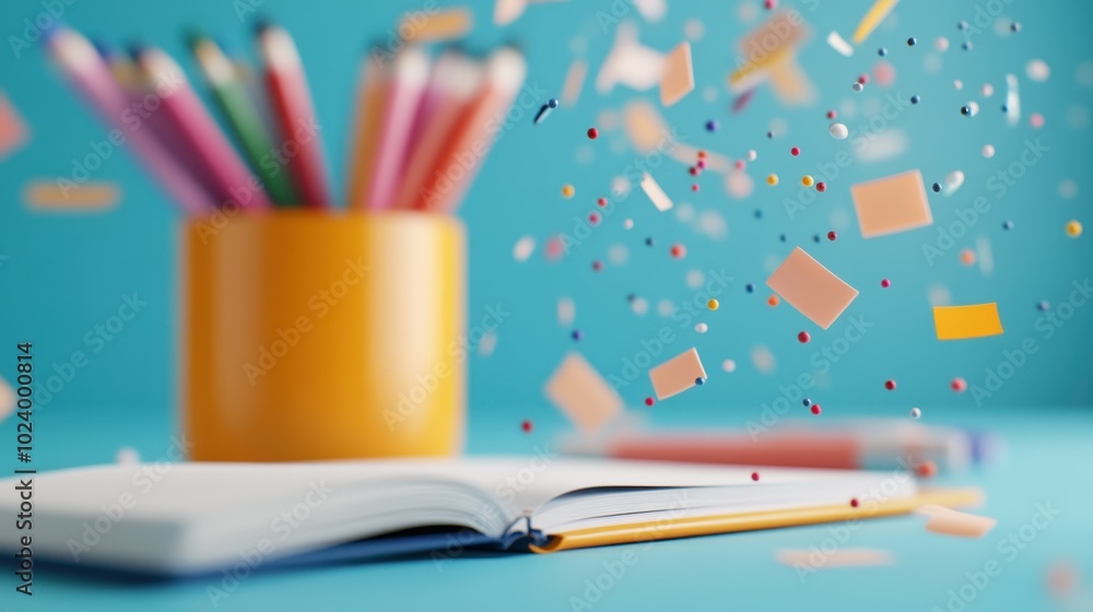 Aufkleber an open notebook with pencils in a holder and floating confetti; this image captures a creative work