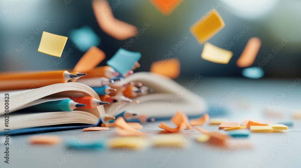 Aufkleber an open notebook surrounded by pencils and flurries of paper confetti, this image represents the joy