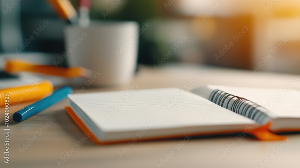 Poster open notebook with pencils on a sunlit office desk; this minimal setting highlights simplicity, focu