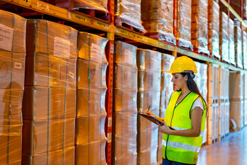Caucasian woman warehouse worker employee working and checking inventory stock on parcel shelf in...