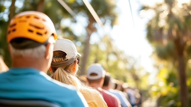 A group of people wearing helmets enjoy a scenic journey through a lush landscape, suggesting safety, camaraderie, and the joys of outdoor exploration and adventure.
