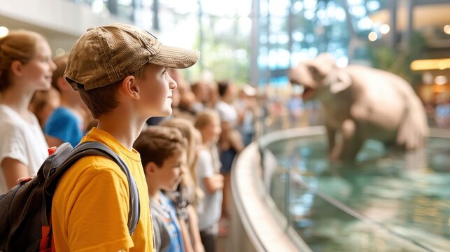 A young boy in a cap stands in a group, observing a large watery creature in an aquarium, emphasizing curiosity and wonder amid a lively indoor environment.