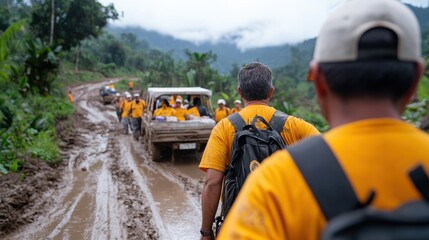Volunteers navigate a challenging, muddy road in the mountains, bringing humanitarian aid to remote villages, highlighting dedication and teamwork amidst adversity.