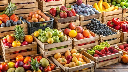 A Rustic Display of Fresh Fruit in Wooden Crates, Overflowing with a Colorful Array of Nature's Bounty