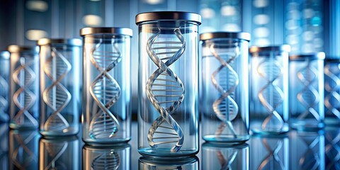 Fototapeta premium A Row of Glass Tubes Each Containing a Metallic Double Helix Shape, Scientific Discovery and Research
