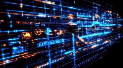 Fototapeta premium Abstract digital data flow background with blue and orange lights.
