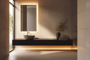 A designer washroom with a floating vanity and backlit mirror