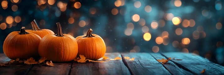Halloween, orange pumpkins on a wooden table on a bokeh glowing background, copy space