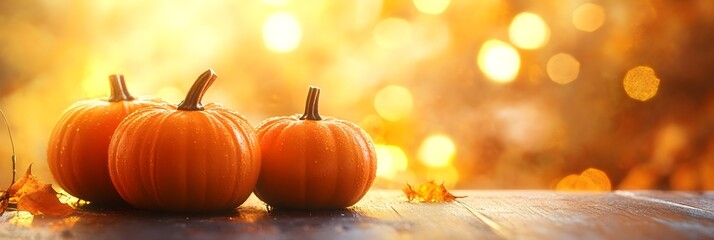 Halloween, orange pumpkins on a wooden table on a bokeh glowing background, copy space