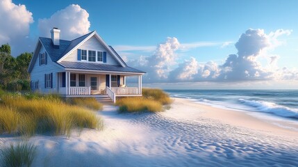 A charming white cottage sits on a sandy beach with ocean views.