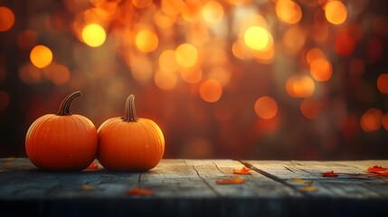 Halloween, orange pumpkins on a wooden table on a bokeh glowing background, copy space