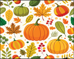 A playful pattern of pumpkins, gourds, and autumn leaves, arranged in a whimsical, swirling design with a light beige background
