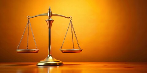 A Golden Balance of Justice, Symbols of Law, Equity, and Fairness, Standing on a Wooden Surface Against a Warm Background