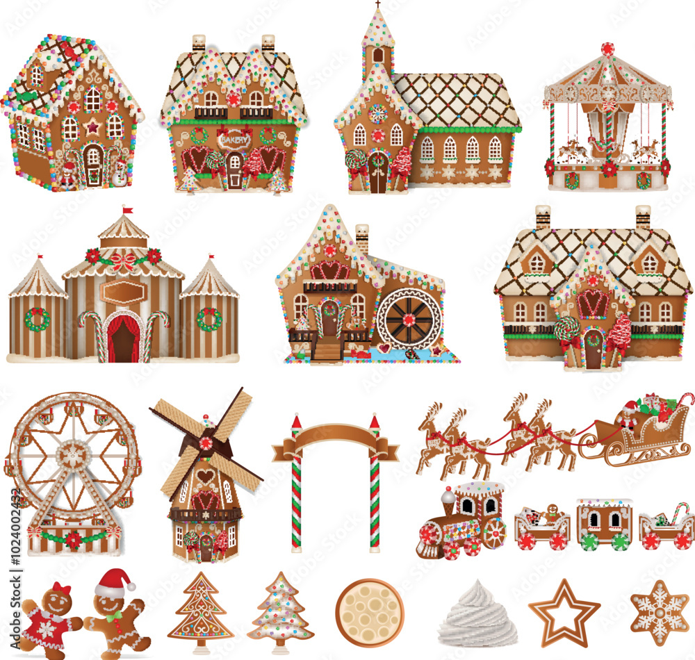 Wall mural set of isolated gingerbread landscape elements. collection of christmas gingerbread cookies.  gingerbread house, church, amusement park, circus, mill, bakery store, sleigh and train