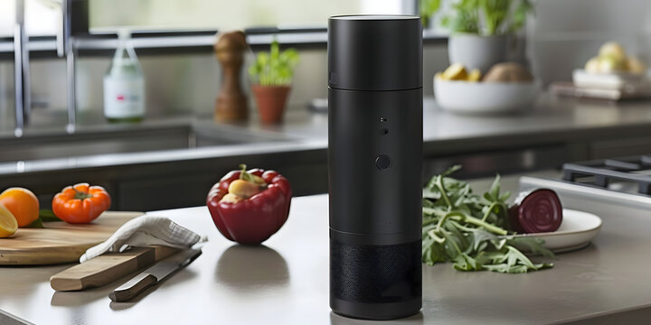 Assistente dom&eacute;stico com intelig&ecirc;ncia artificial em uma bancada de cozinha