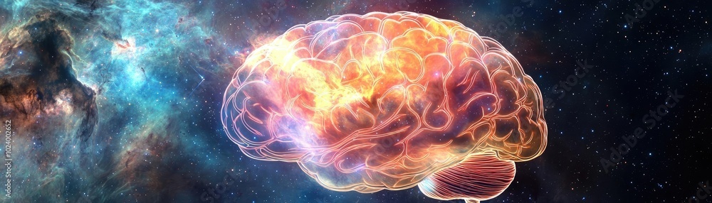 Poster a vivid representation of a brain amidst a cosmic backdrop, illustrating the connection between thou
